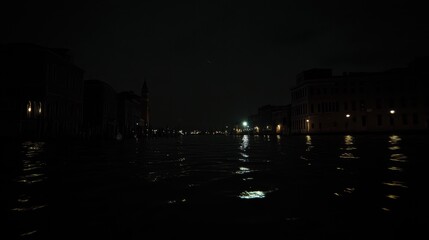 Fototapeta premium Serene Night View of a Calm Waterway in a Historical Cityscape at Dusk