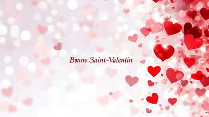 Obraz premium Happy Valentine's Day banner background with written in French language Bonne Saint-Valentin , minimalist love and Valentine card with red hearts and copy space