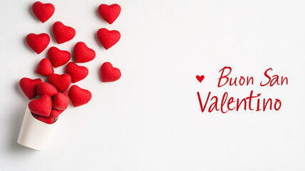 Happy Valentine's Day banner background with written in Italian language Buon San Valentino , minimalist love and Valentine card with red hearts and copy space