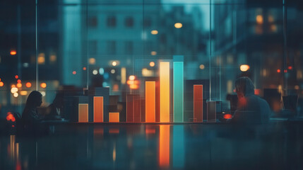 Naklejka premium Analyzing data in modern office with vibrant bar graphs and city lights