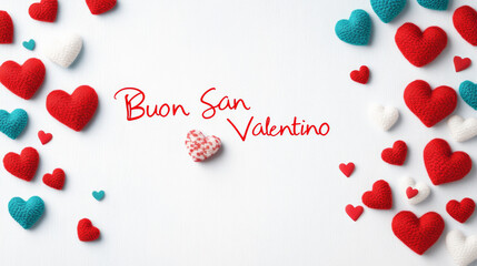 Happy Valentine's Day banner background with written in Italian language Buon San Valentino , minimalist love and Valentine card with red hearts and copy space