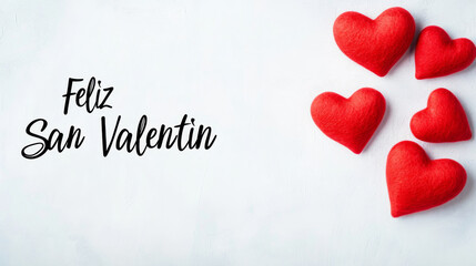 Happy Valentine's Day banner background with written in Spanish language Feliz San Valentin , minimalist love and Valentine card with red hearts and copy space