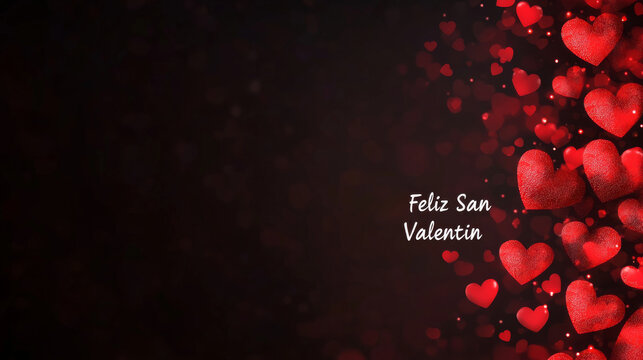 Happy Valentine's Day banner background with written in Spanish language Feliz San Valentin , minimalist love and Valentine card with red hearts and copy space