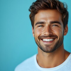 Obraz premium A young man with casual t-shirt is smiling at the camera, solid color background