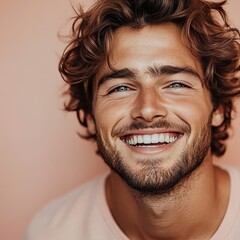 Fototapeta premium A young man with casual t-shirt is smiling at the camera, solid color background