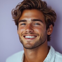 Fototapeta premium A young man with casual t-shirt is smiling at the camera, solid color background