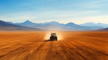 Fototapeta premium Tractor working the soil desert landscape aerial photography clear skies agricultural concept Blur Background