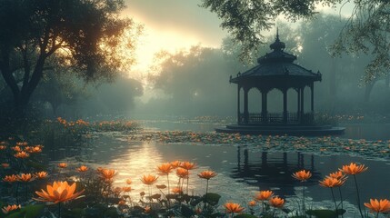 Fototapeta premium Serene gazebo, lotus flowers, misty lake, sunset.