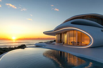 House with pool at sunset