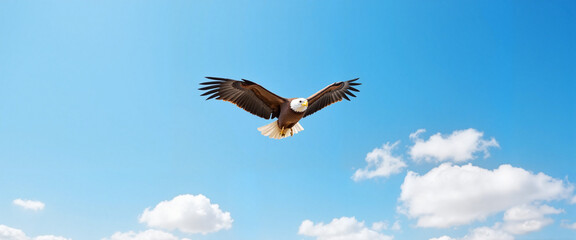 Fototapeta premium Bald eagle soaring in a clear sky, symbol of American freedom and pride on Independence Day