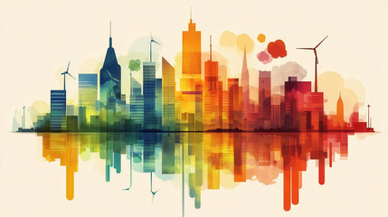 Obraz premium vibrant cityscape powered by renewable energy, showcasing wind turbines and colorful buildings reflecting in water