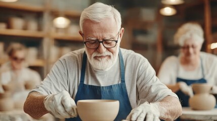Elderly Man Engaged in Pottery Class, Creating Unique Ceramic Bowls with Joyful Expression, Surrounded by Fellow Artisans in Workshop Setting