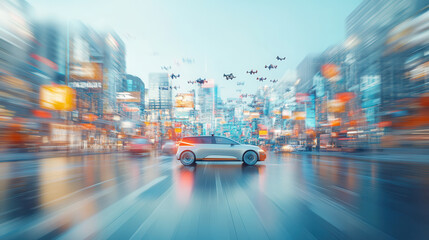 Autonomous electric car driving through futuristic cityscape with drones