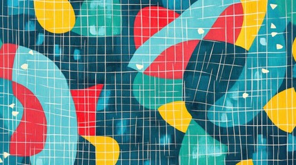 Colorful abstract artwork with dynamic grid patterns and vibrant shapes