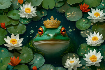 A frog with a crown sitting on top of a lily pad surrounded by water lilies