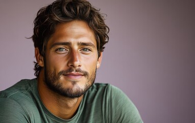 Obraz premium man with casual t-shirt is smiling at the camera, solid color background