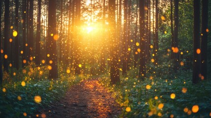 Magical Sunlight Through Forest Trees with Glowing Fireflies at Dusk