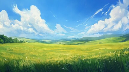 Fototapeta premium A vibrant landscape featuring rolling hills, green fields, and a bright blue sky with clouds.