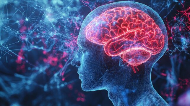 Representation of a human head with an emphasis on brain activity.