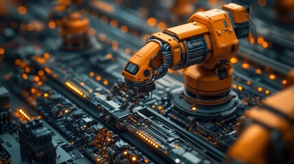Orange robotic arm assembling circuit board.