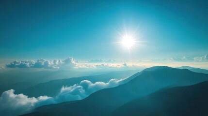 Serene Mountain Landscape with Vibrant Sky and Bright Sunlight Over Peaks