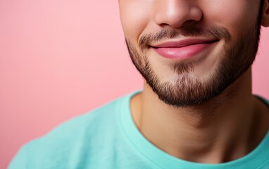 Obraz premium man with casual t-shirt is smiling at the camera, solid color background