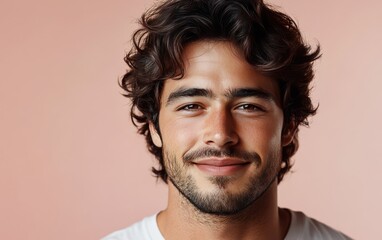 Obraz premium man with casual t-shirt is smiling at the camera, solid color background