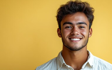 Fototapeta premium man with casual t-shirt is smiling at the camera, solid color background