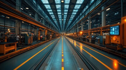 A spacious industrial facility with machinery and assembly lines for production.