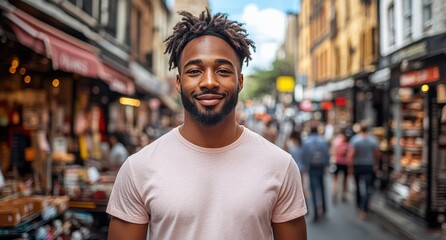 Fototapeta premium A man with a beard is smiling and wearing a t-shirt in a blurred street background