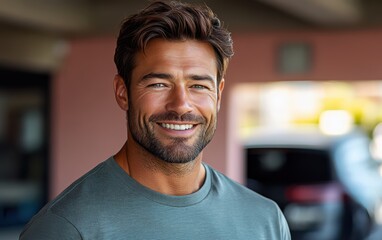 man with casual t-shirt is smiling at the camera, blurred room background