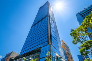 Modern Skyscraper with Sleek Glass Facade Reflecting Cityscape Under Bright Blue Sky - Contemporary Urban Architecture
