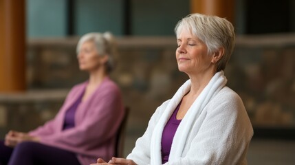 Obraz premium Two Women Practicing Mindfulness Meditation in a Tranquil Indoor Setting, Embracing Peace and Relaxation for Mental and Emotional Well-being