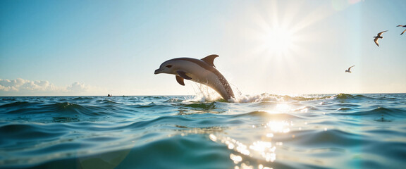 Fototapeta premium World Wildlife Day celebration featuring a dolphin jumping in the ocean at sunrise