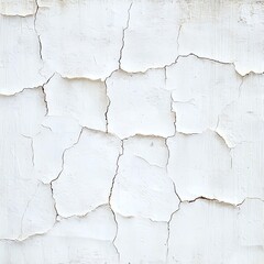 A textured white wall with cracks and peeling paint, showcasing signs of weathering and age.