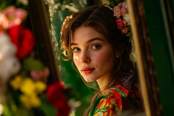 A woman with a flower crown on her head looking at herself in a mirror