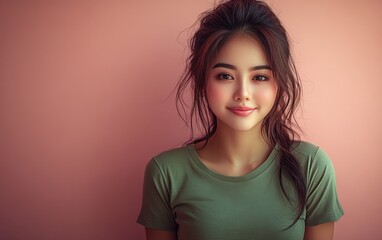 Fototapeta premium Asian woman smiling and wearing a t-shirt in studio color background