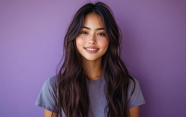 Fototapeta premium Asian woman smiling and wearing a t-shirt in studio color background