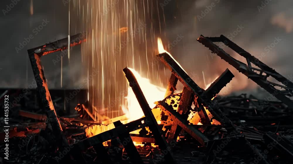 Poster Burning wooden structures create a dramatic display in a nighttime fire scene at an industrial site
