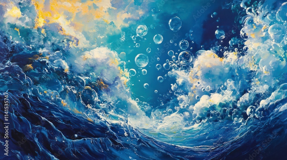 Fototapete a vibrant underwater scene with bubbles and dynamic waves, evoking a sense of depth and movement.