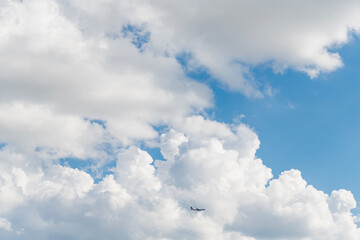 Sky with white cloud. Beauty white cloudy on blue sky with soft sun light, Nature view soft white clouds on pastel blue sky background