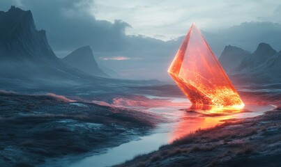 landscape with floating geometric shapes and glowing edges, Generative AI