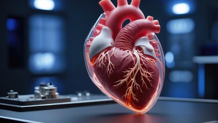 Transparent anatomical heart model on a table in a medical lab.