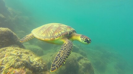 Fototapeta premium Graceful sea turtle swimming through vibrant underwater ecosystem