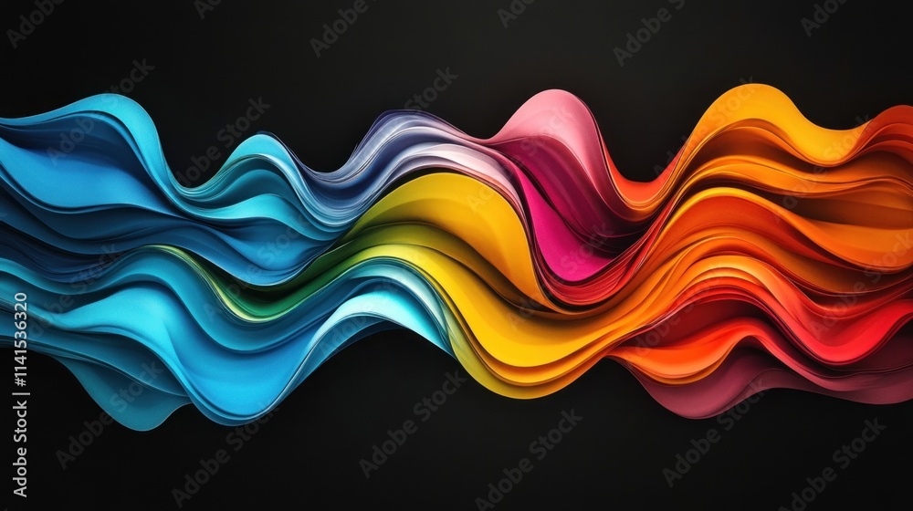 Poster a vibrant wave of colorful flowing shapes on a dark background.