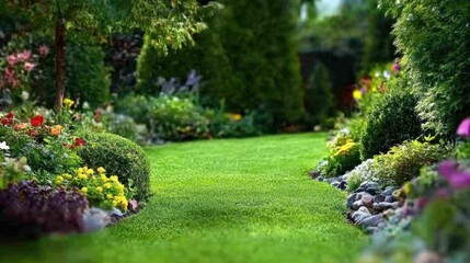Lush Garden Pathway Surrounded by Vibrant Flower Beds and Greenery