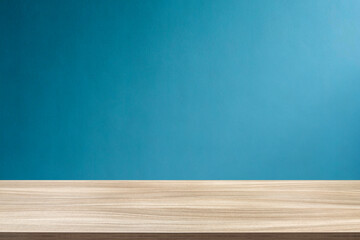 Empty wooden table top and color blue wall background for showing products and advertisers. Template mock up for display of product. product promotion in the wall. for display or montage.
