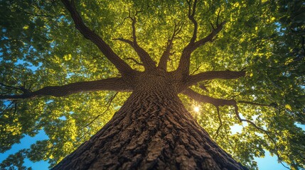 Naklejka premium Majestic tree canopy viewed from below. Sunlight streams through lush foliage.