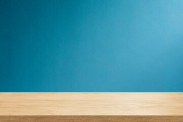 Empty wooden table top and color blue wall background for showing products and advertisers. Template mock up for display of product. product promotion in the wall. for display or montage.