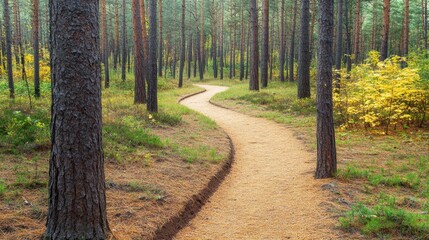 Obraz premium Serene Winding Path Through Lush Green Forest Surrounded by Tall Trees